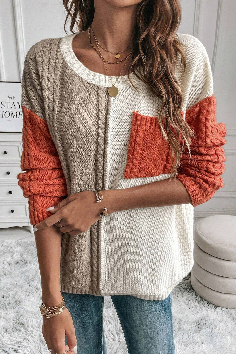 Gold Flame Colorblock Pocket Drop Shoulder Sweater