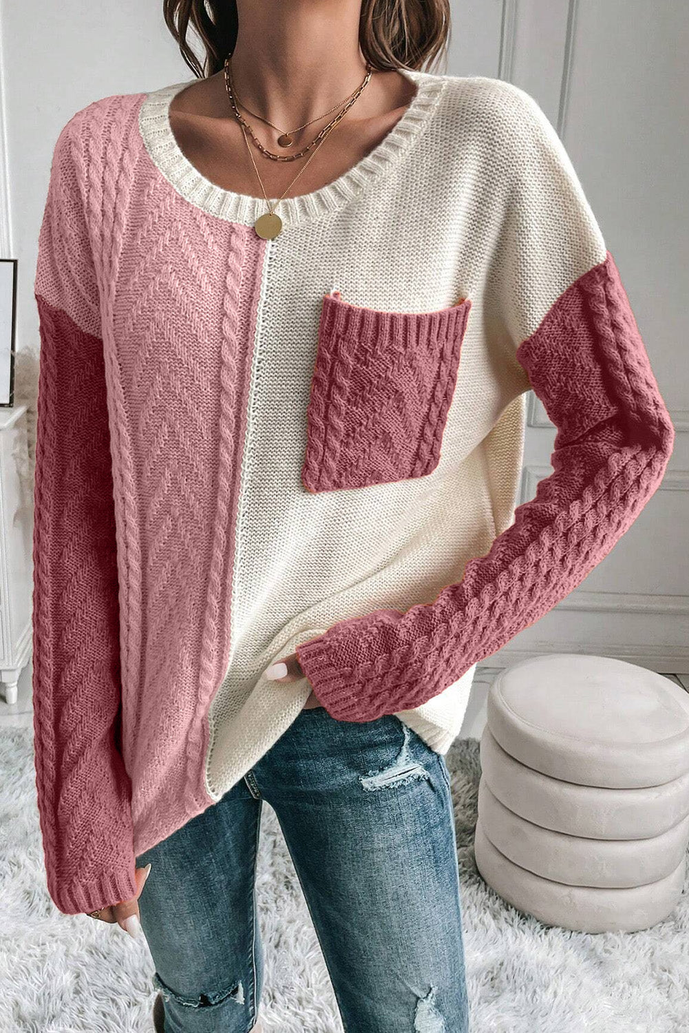 Gold Flame Colorblock Pocket Drop Shoulder Sweater