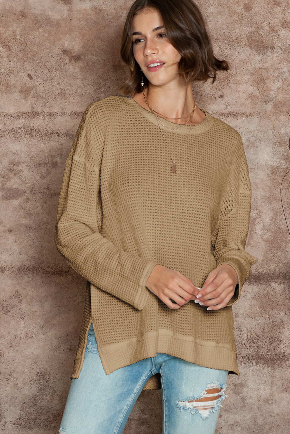 Green Waffle Knit Drop Sleeve High Slits Oversized Top