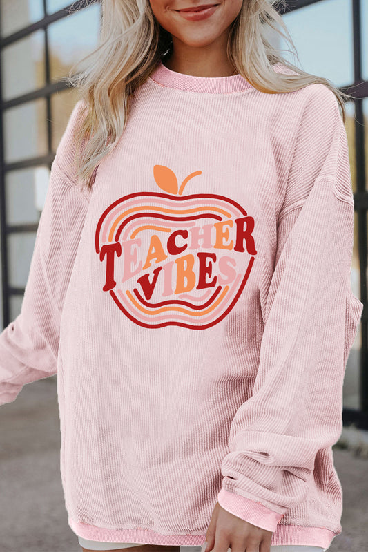 Light Pink TEACHER VIBES Apple Shape Ribbed Loose Sweatshirt