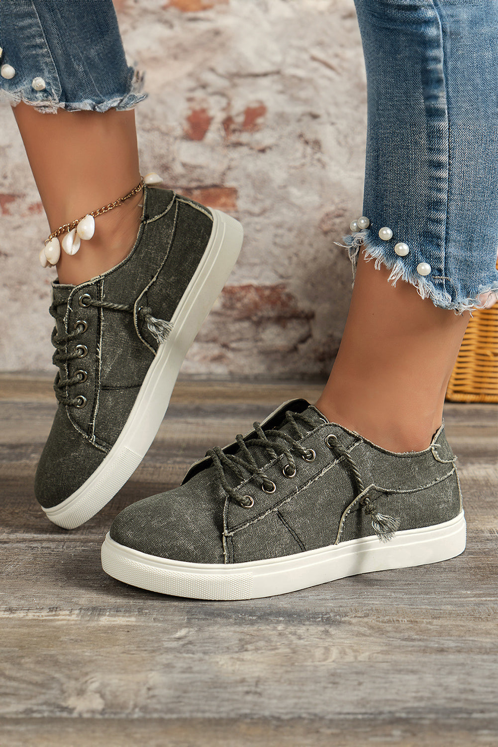 Dark Grey Criss Cross Slip On Canvas Sneakers