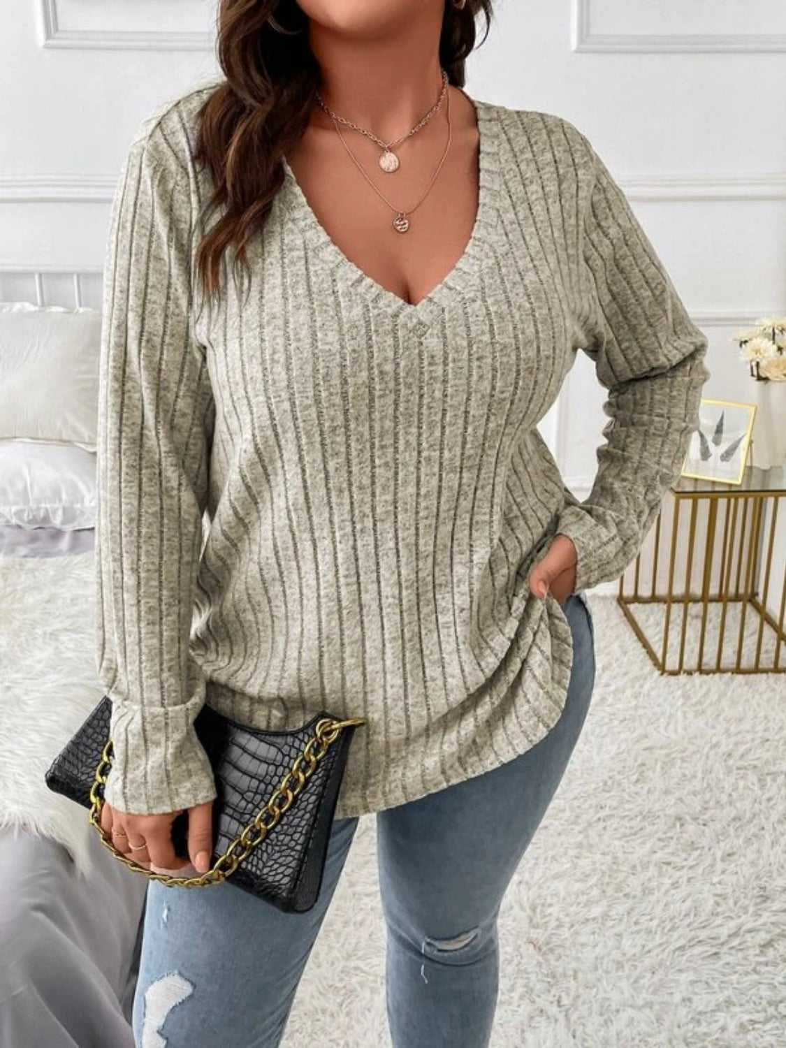 Plus Size V-Neck Long Sleeve Shirt