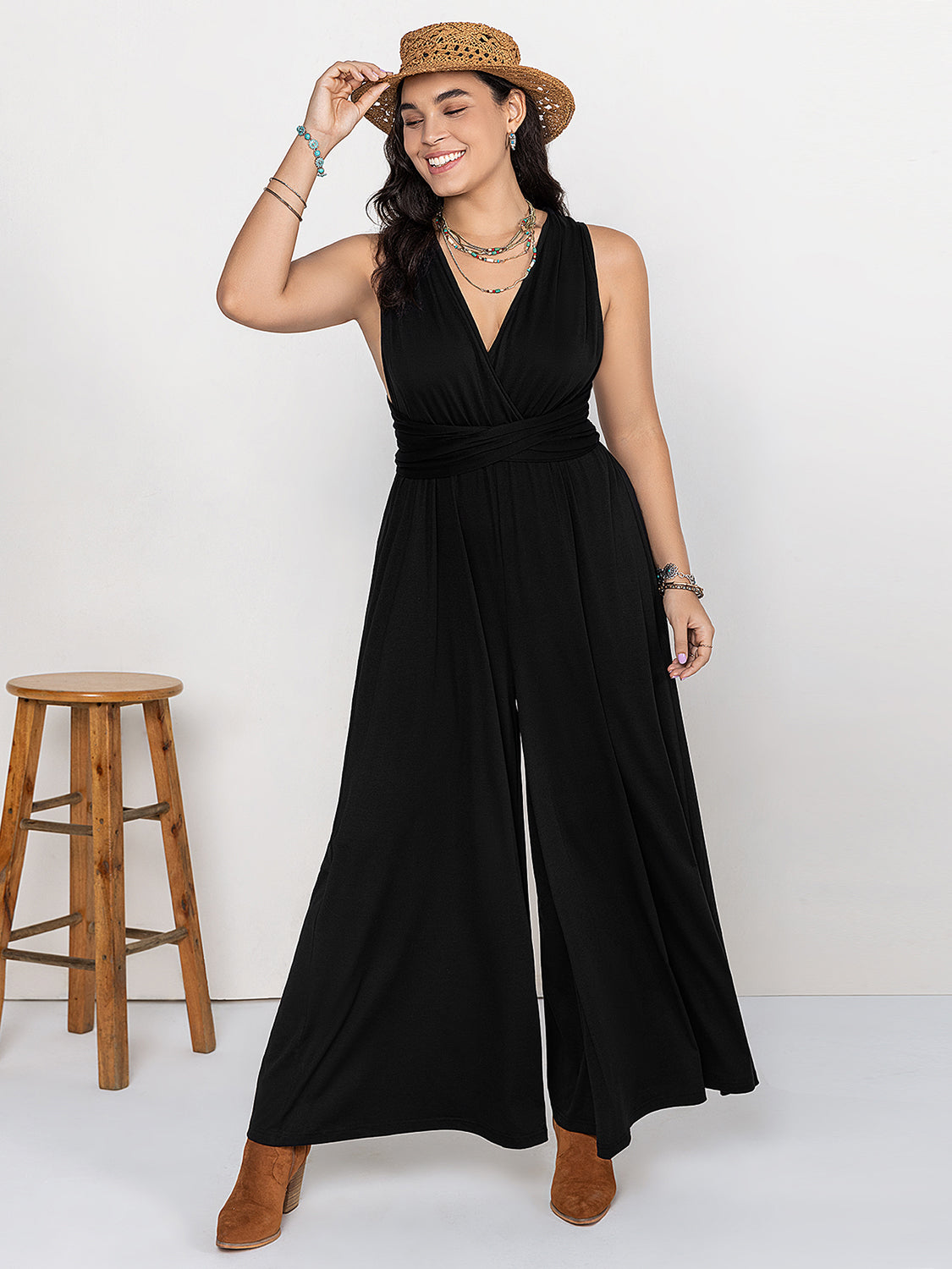 Plus Size V-Neck Wide Leg Romper