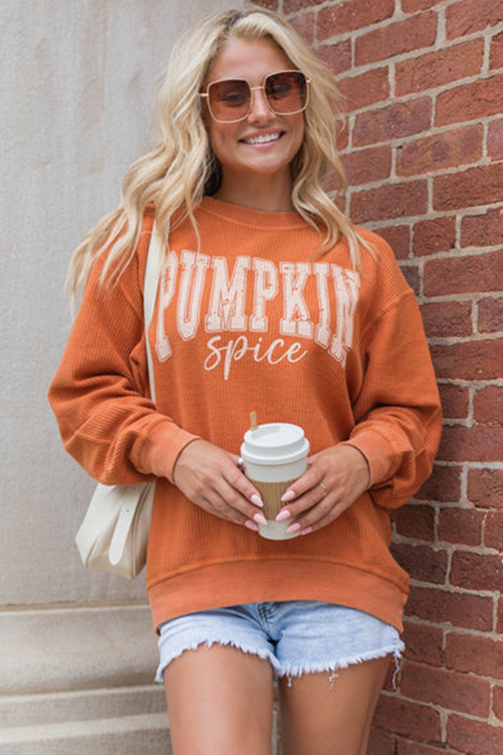 Orange Crinkle Ribbed PUMPKIN Spice Graphic Crewneck Sweatshirt