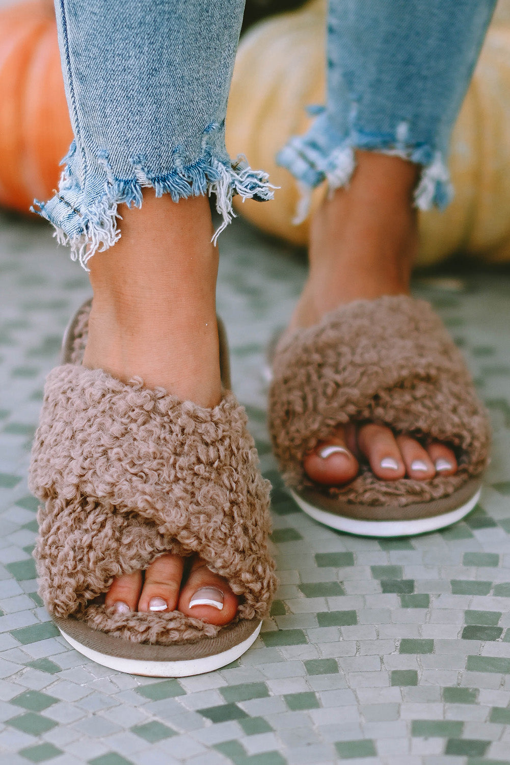 Brown Teddy Fur Cross Straps Home Slides Shoes