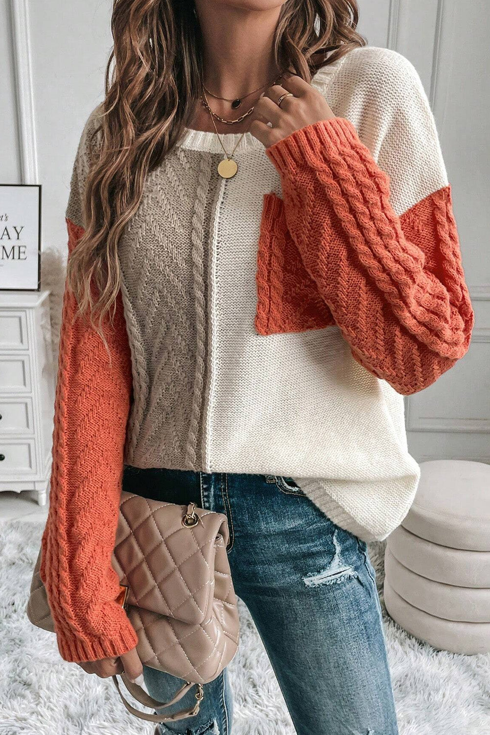 Gold Flame Colorblock Pocket Drop Shoulder Sweater