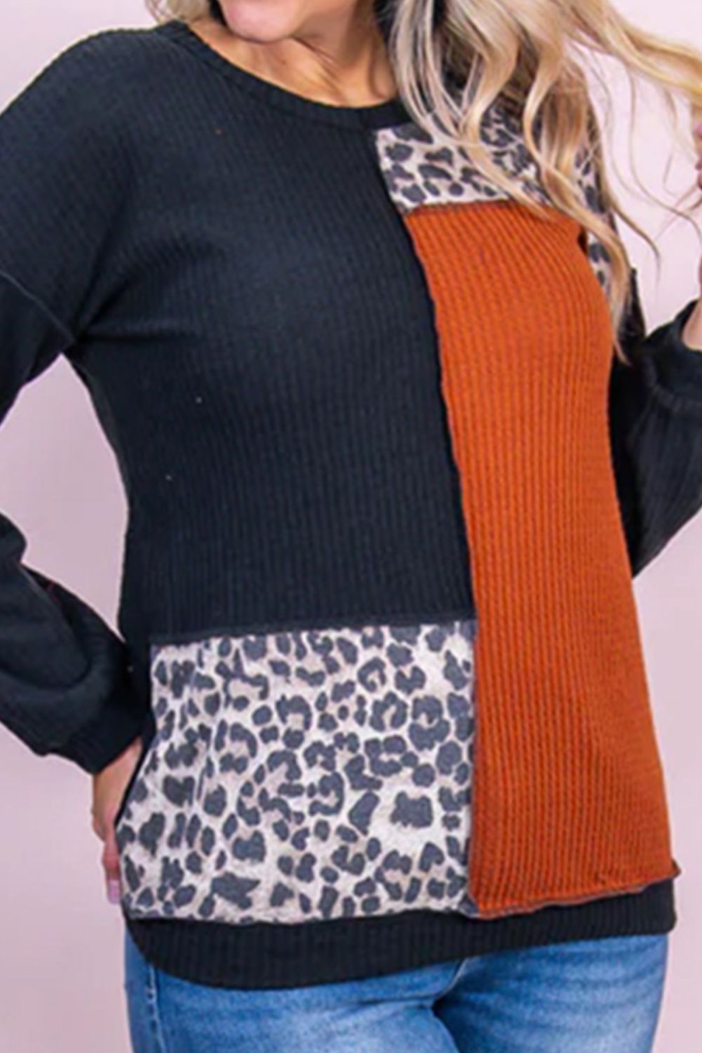 Plus Size Waffle-Knit Leopard Round Neck Long Sleeve Top