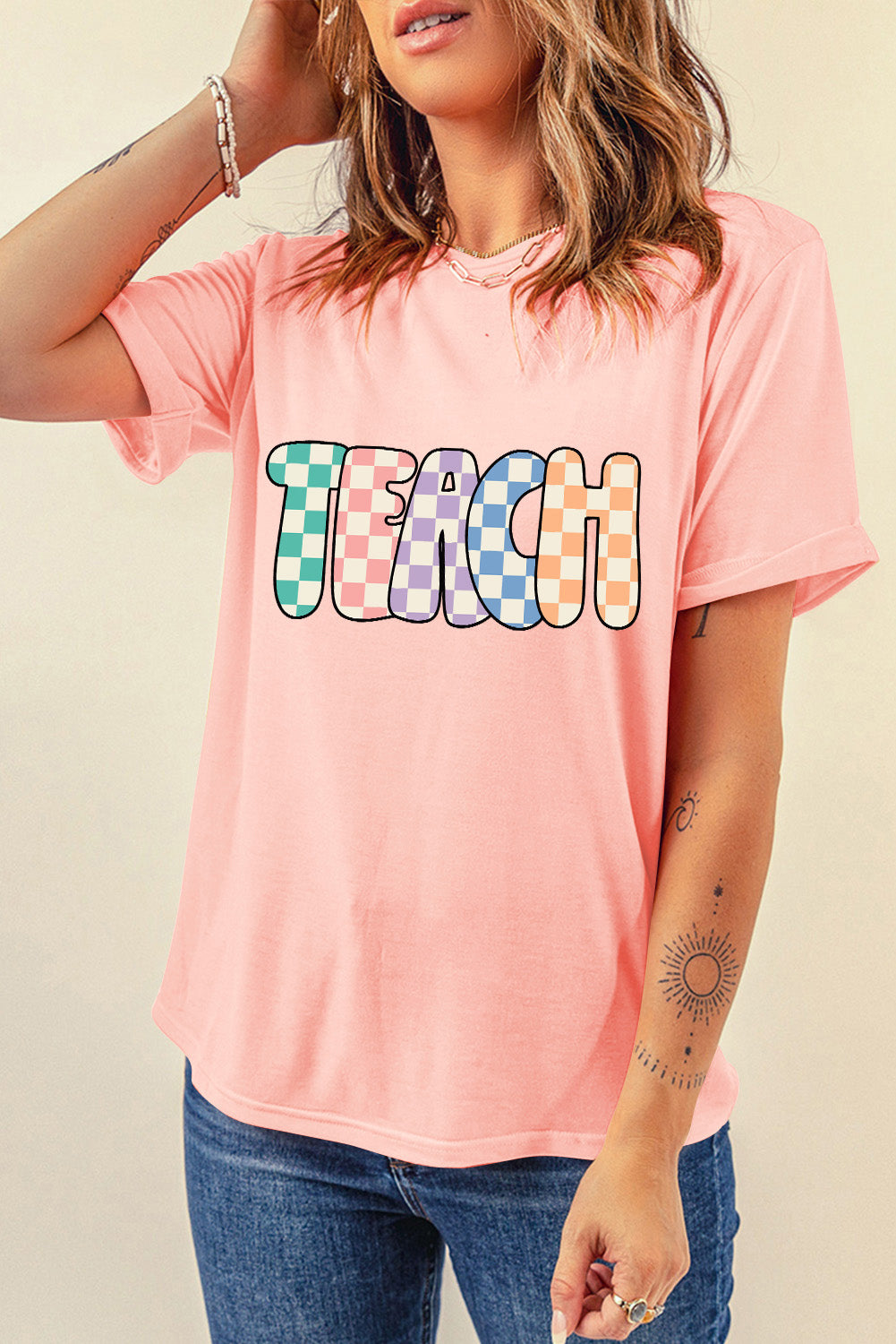 Pink Checkerboard TEACH Graphic Crew Neck T Shirt