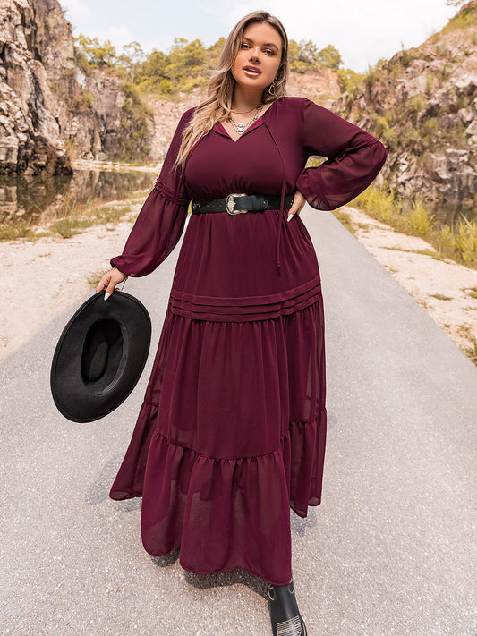 Plus Size Tie Neck Balloon Sleeve Tiered Dress