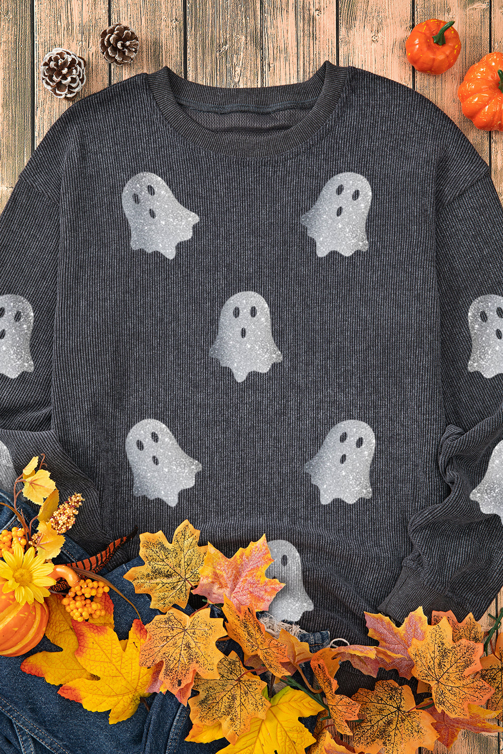 Black Halloween Ghost Corded Crew Neck Loose Sweatshirt