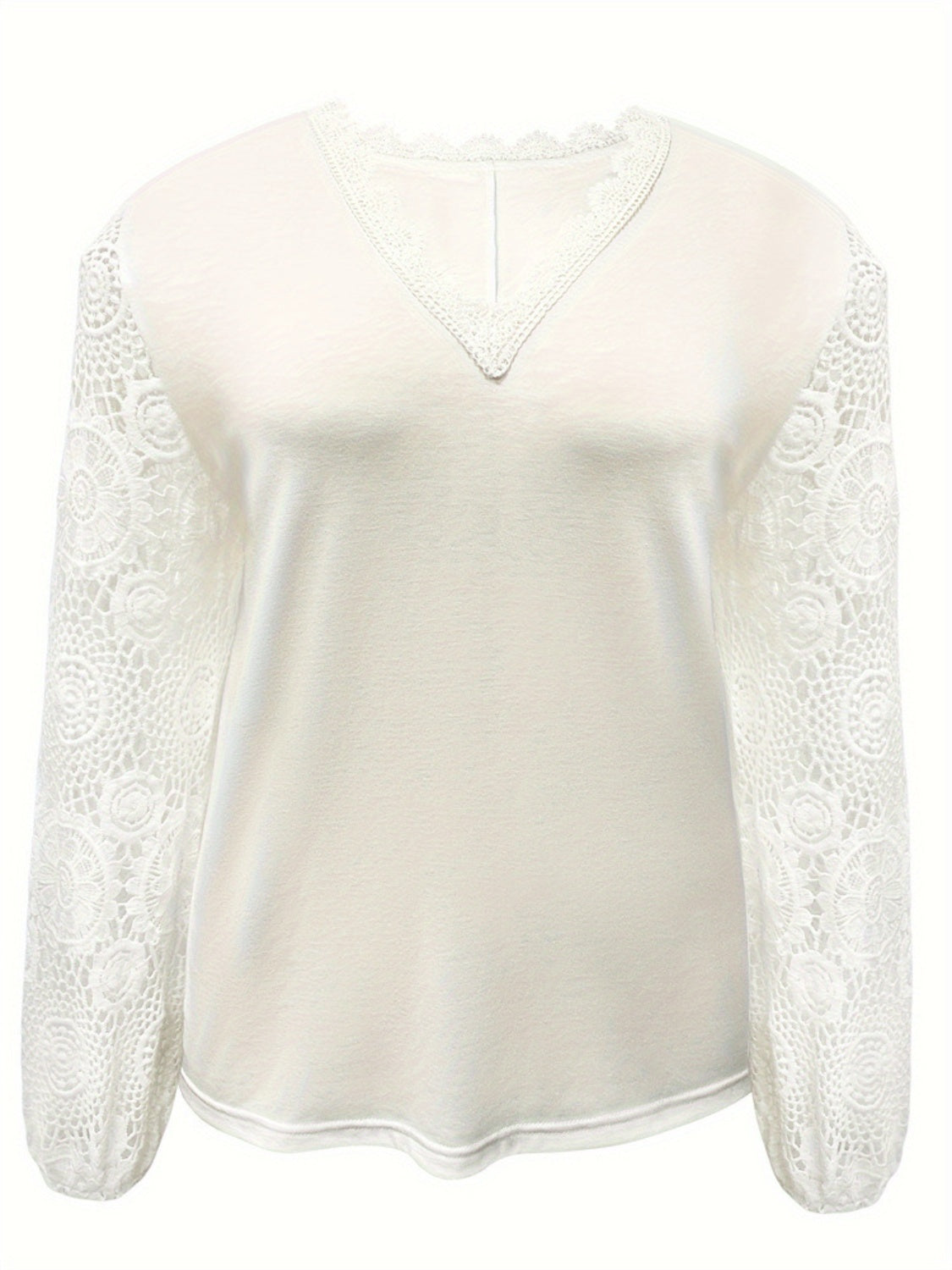 Plus Size Lace Detail V-Neck Long Sleeve Blouse