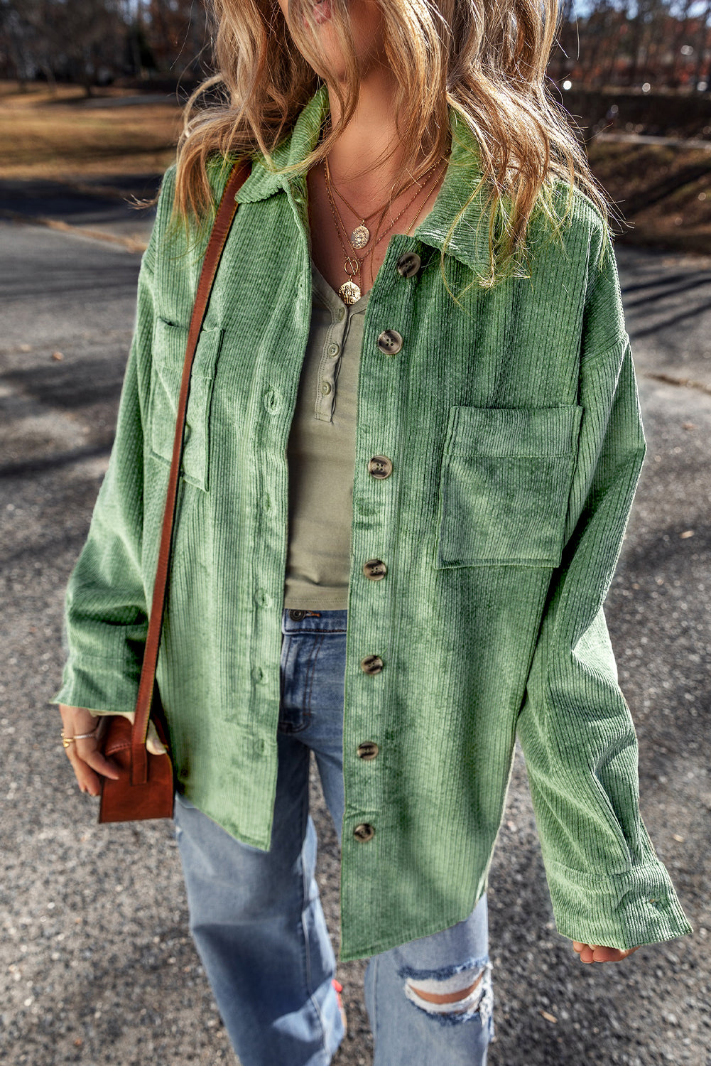 Mist Green Patched Pocket Button-Up Corduroy Shacket