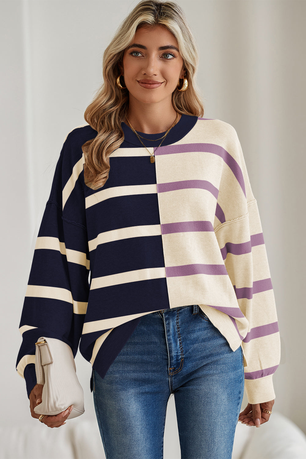 Light Beige Striped Colorblock Drop Shoulder Sweater