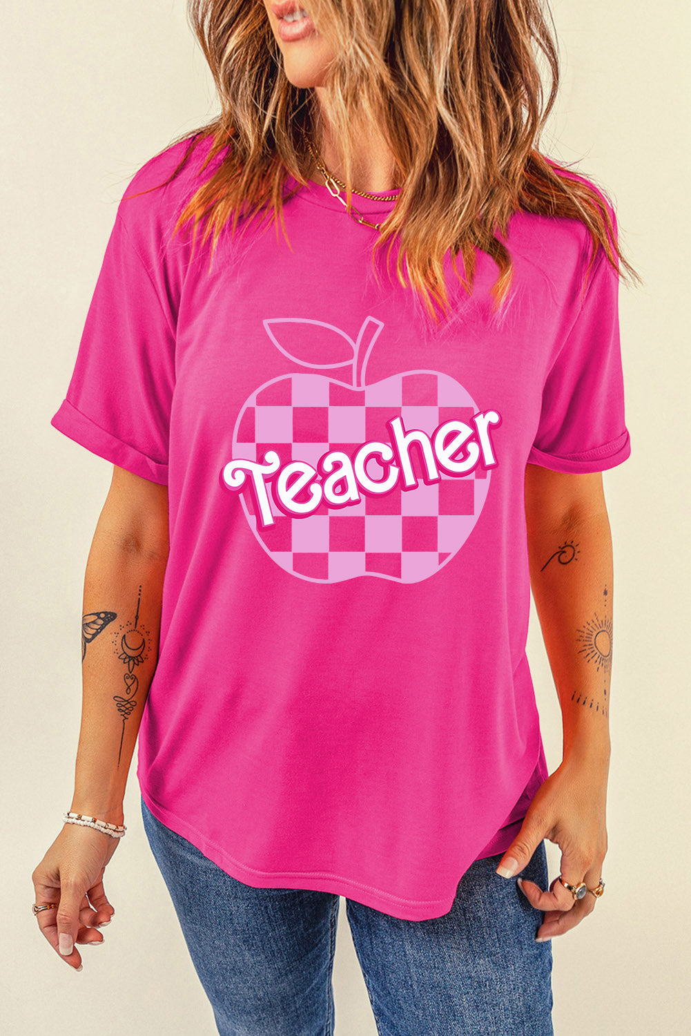 Rose Red Teacher Checkered Apple Graphic Crewneck T Shirt