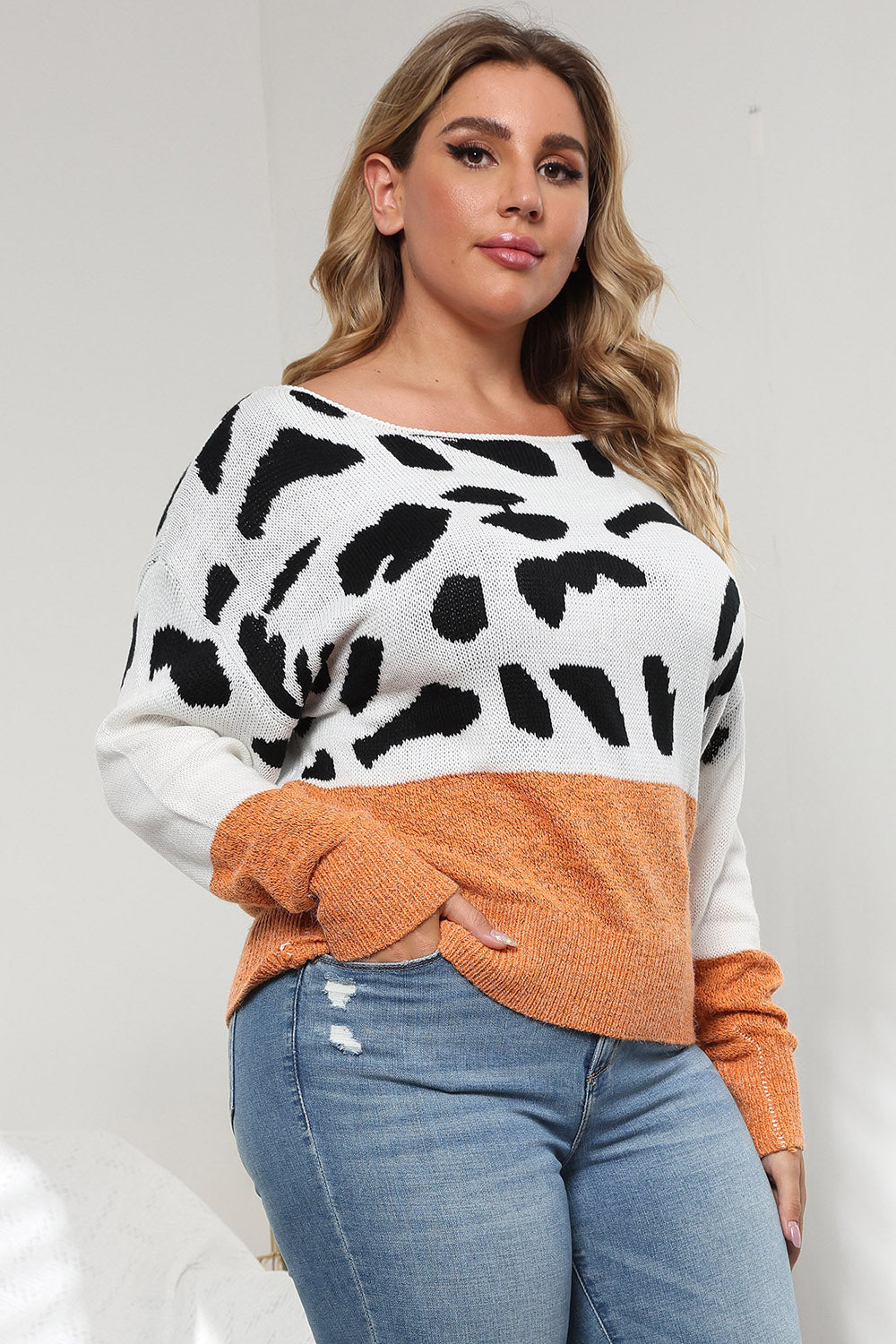 Plus Size Leopard Round Neck Long Sleeve Sweater