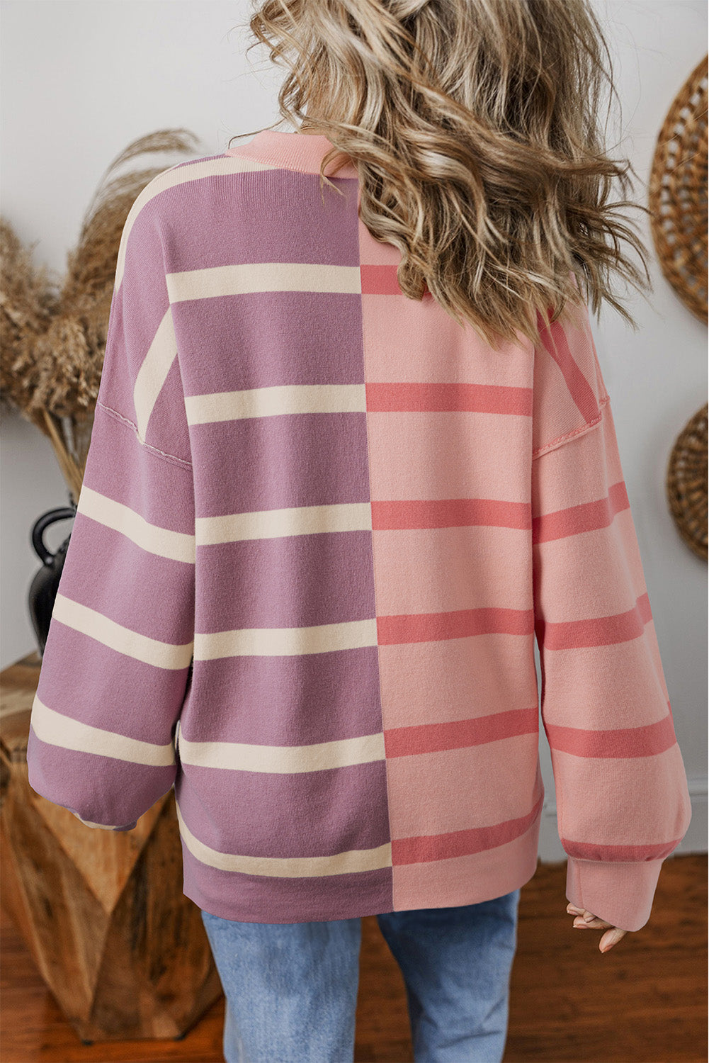 Light Beige Striped Colorblock Drop Shoulder Sweater