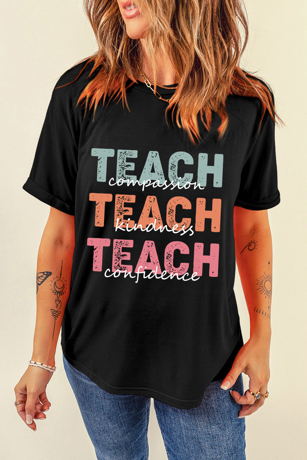 Black TEACH Letter Graphic Crewneck T Shirt