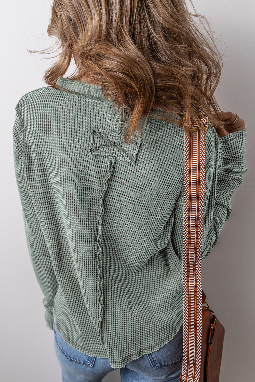 Smoke Green Casual V Neck Waffle Knit Top