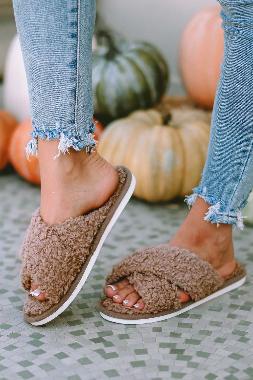 Brown Teddy Fur Cross Straps Home Slides Shoes