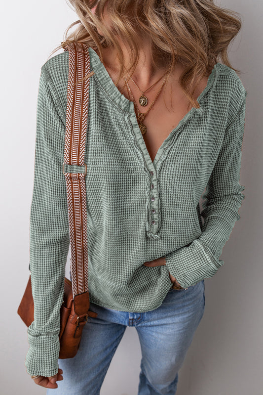 Smoke Green Casual V Neck Waffle Knit Top