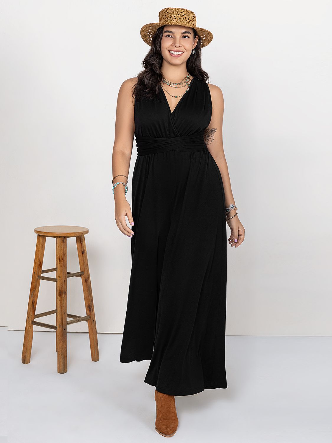 Plus Size V-Neck Wide Leg Romper