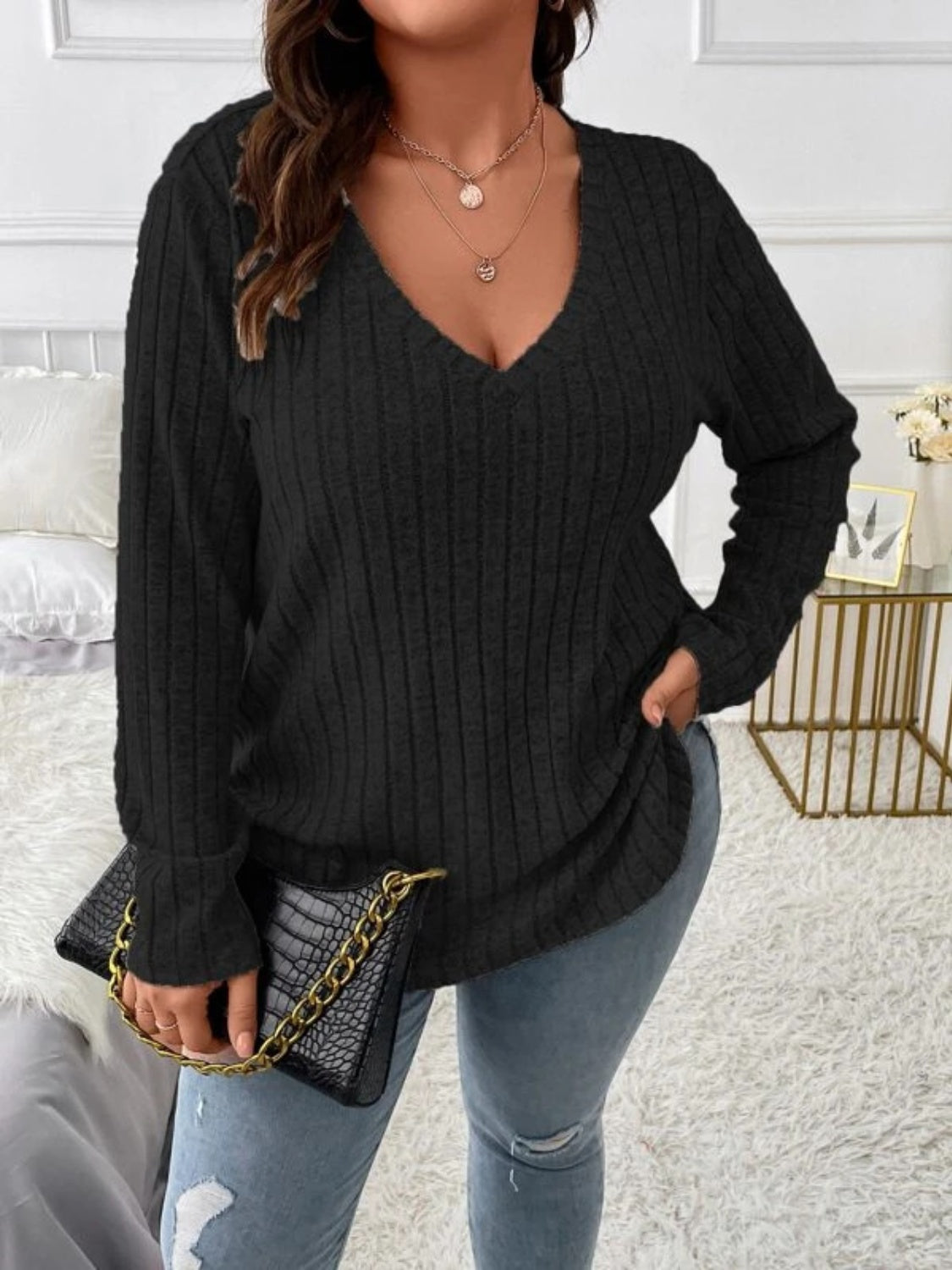 Plus Size V-Neck Long Sleeve Shirt