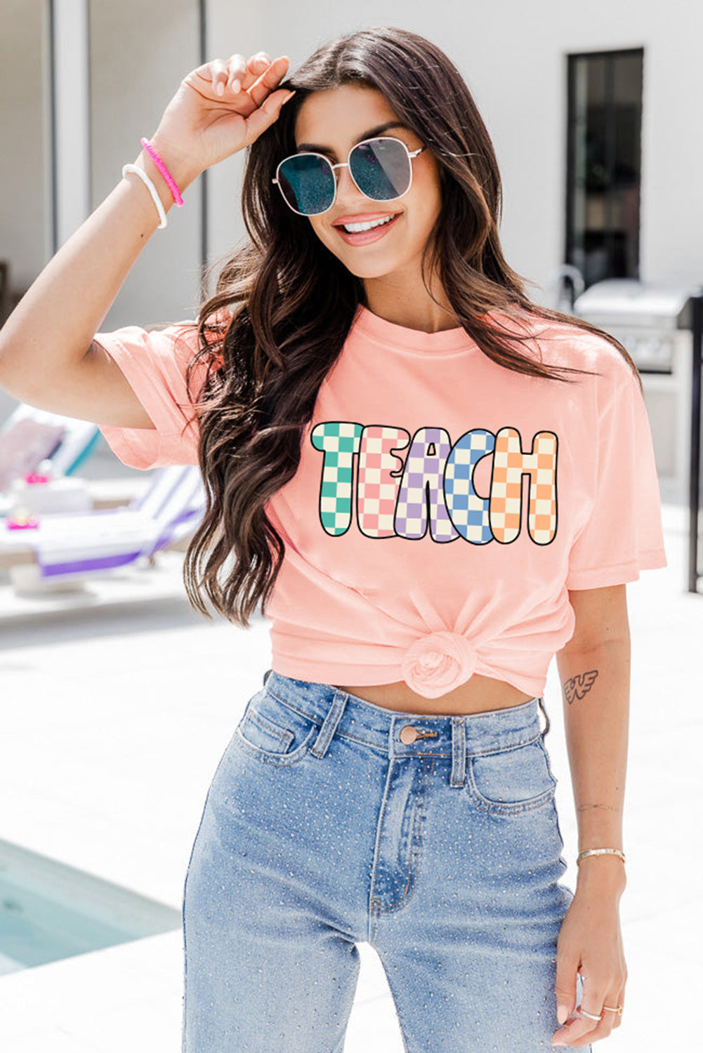 Pink Checkerboard TEACH Graphic Crew Neck T Shirt