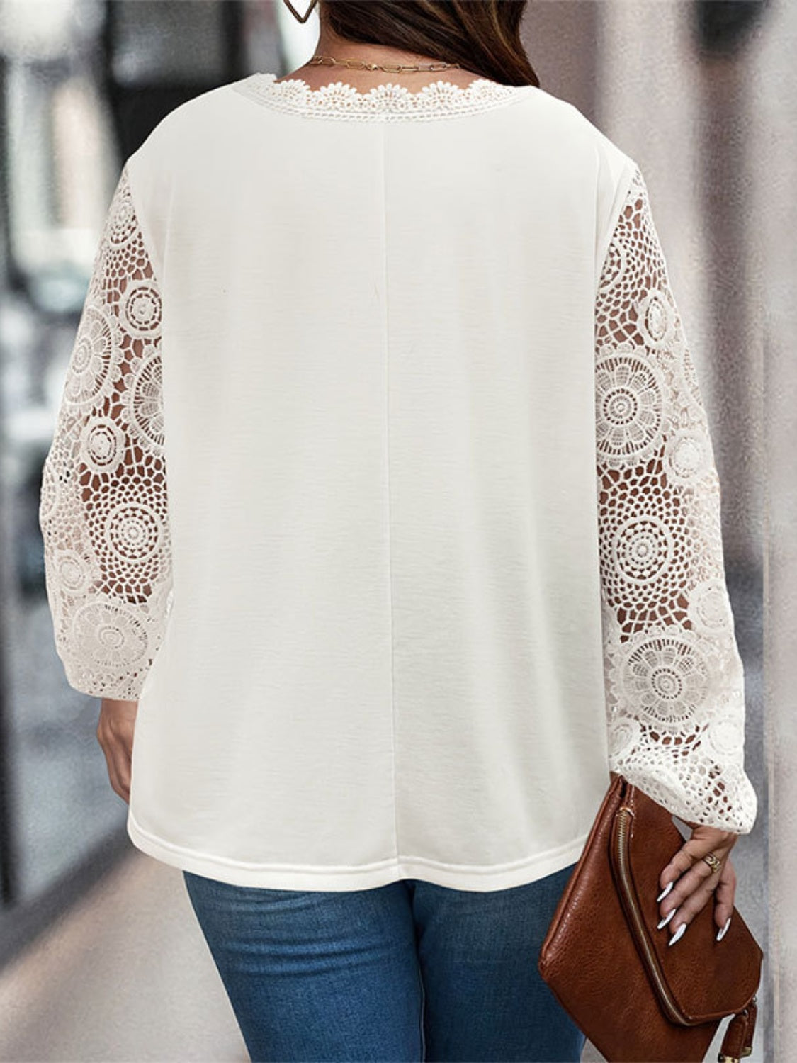 Plus Size Lace Detail V-Neck Long Sleeve Blouse