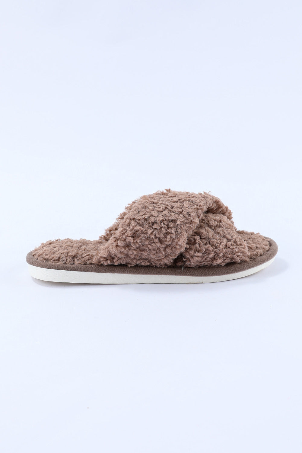 Brown Teddy Fur Cross Straps Home Slides Shoes