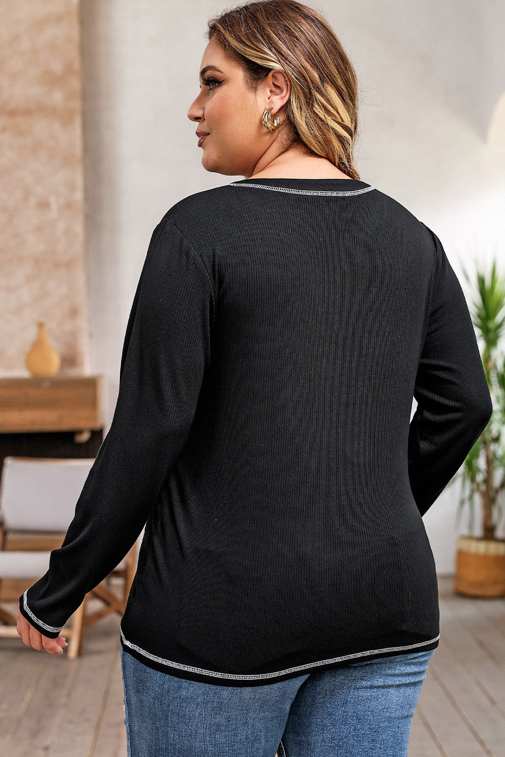 Plus Size Notched Neck Long Sleeve