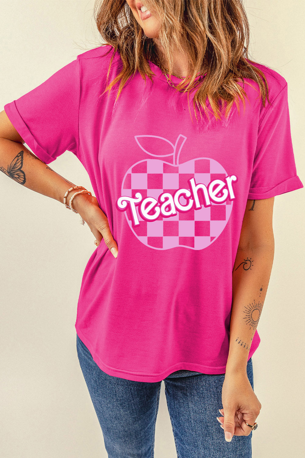 Rose Red Teacher Checkered Apple Graphic Crewneck T Shirt