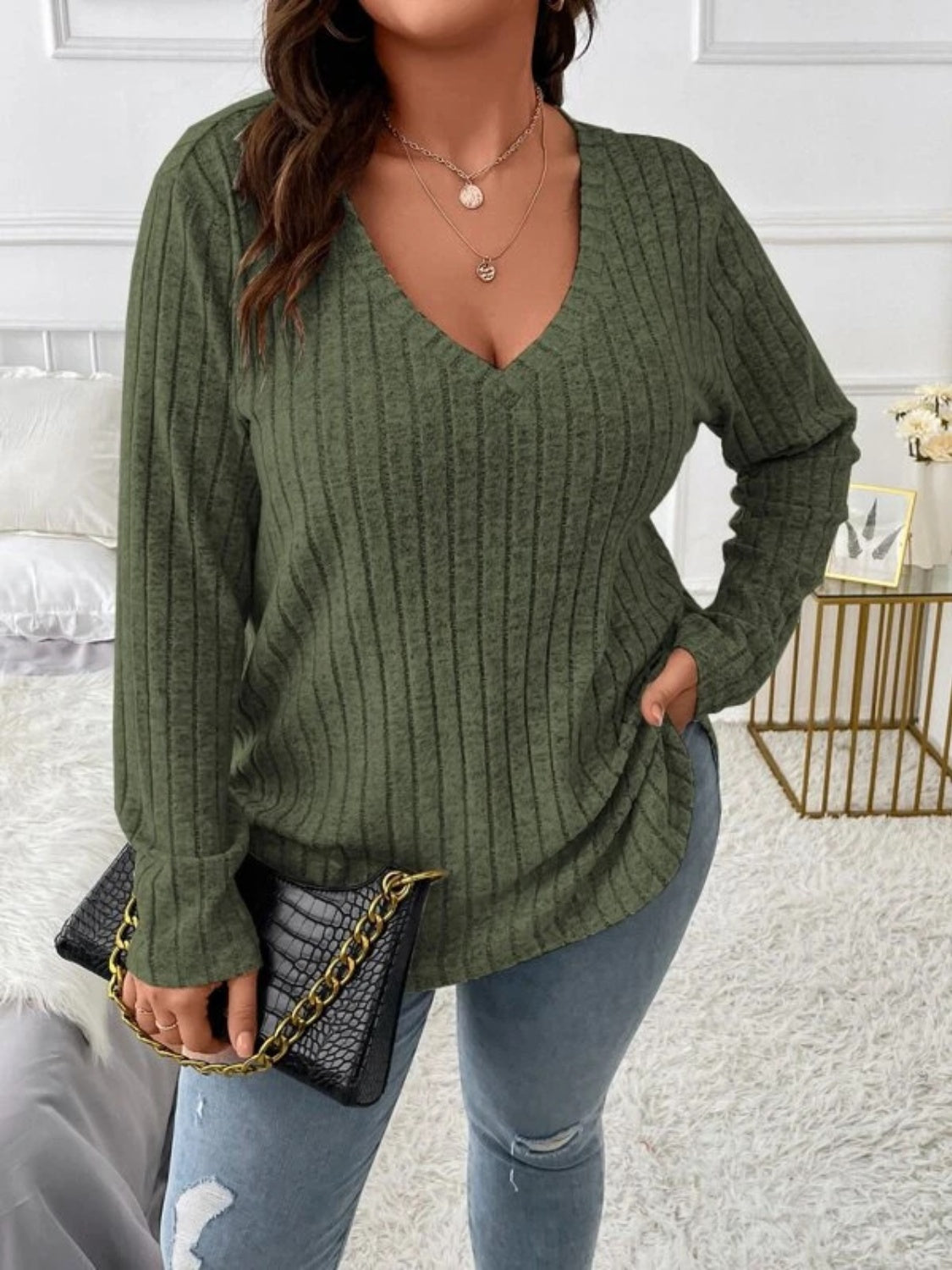 Plus Size V-Neck Long Sleeve Shirt