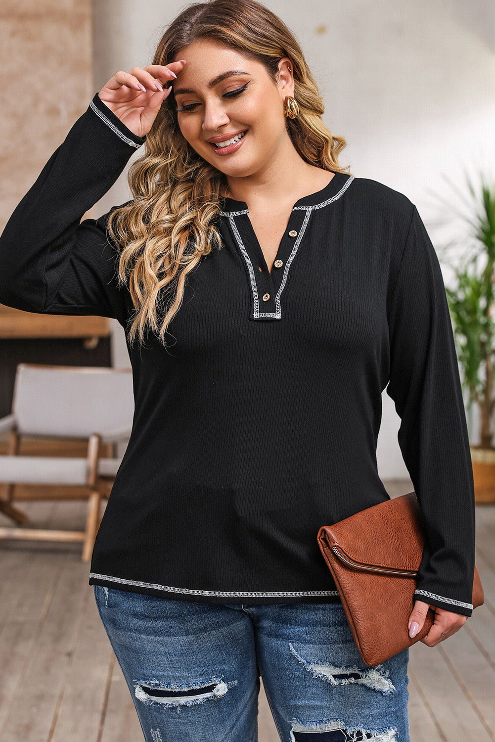 Plus Size Notched Neck Long Sleeve