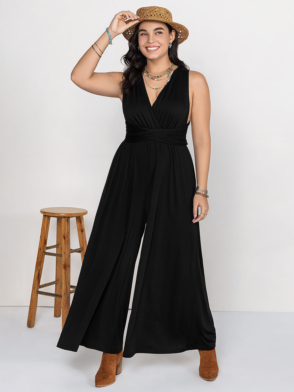 Plus Size V-Neck Wide Leg Romper