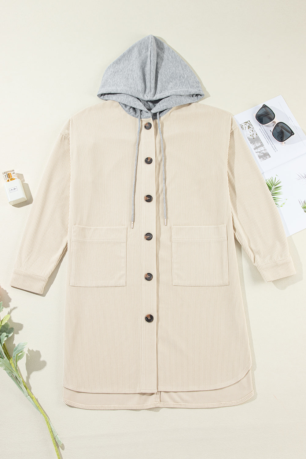 Beige Oversized Hooded Patchwork Corduroy Shacket