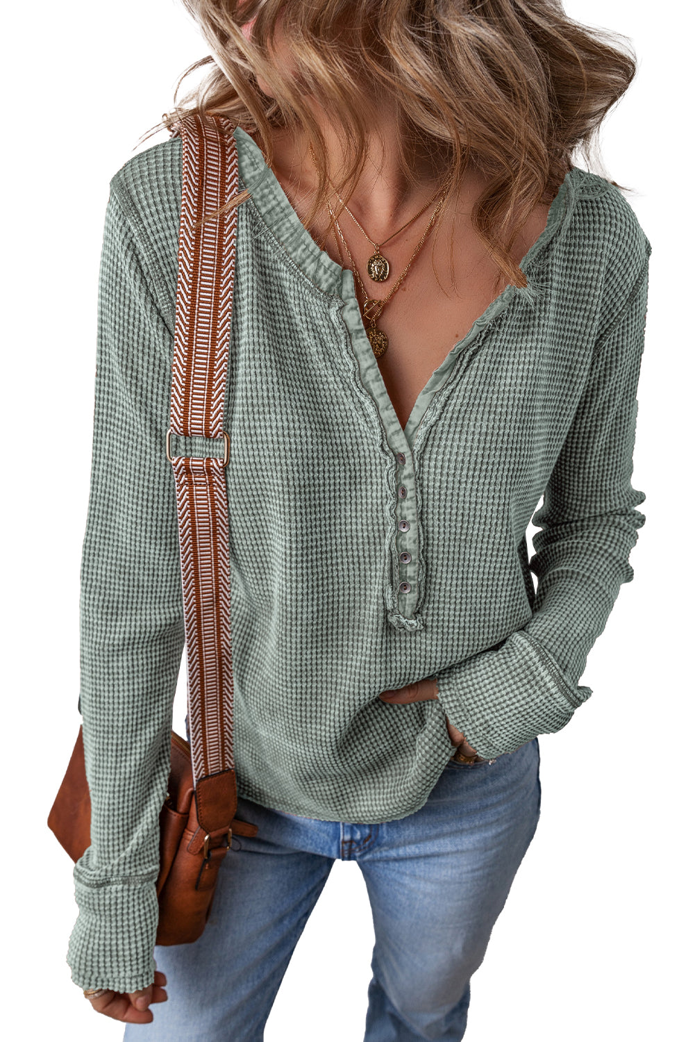 Smoke Green Casual V Neck Waffle Knit Top