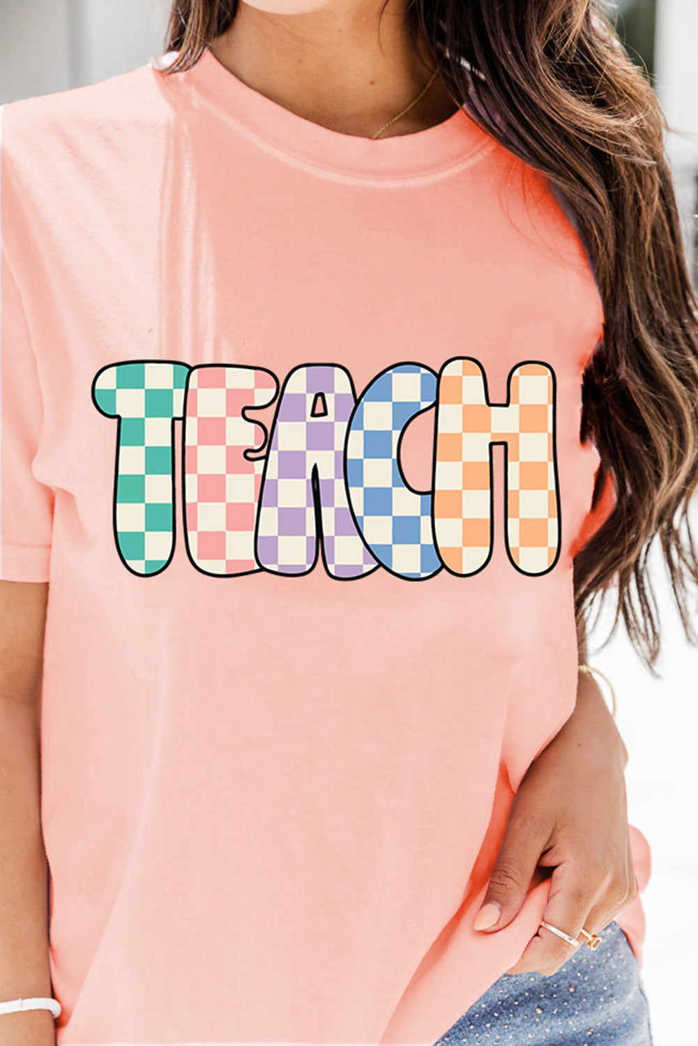 Pink Checkerboard TEACH Graphic Crew Neck T Shirt