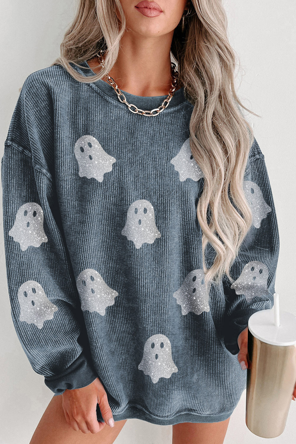 Black Halloween Ghost Corded Crew Neck Loose Sweatshirt