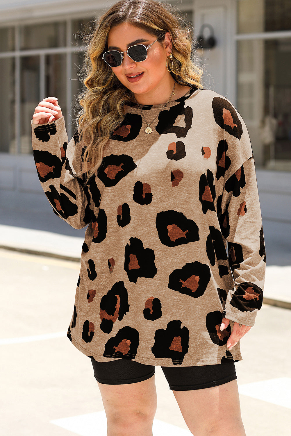 Plus Size Leopard Dropped Shoulder Long Sleeve Top