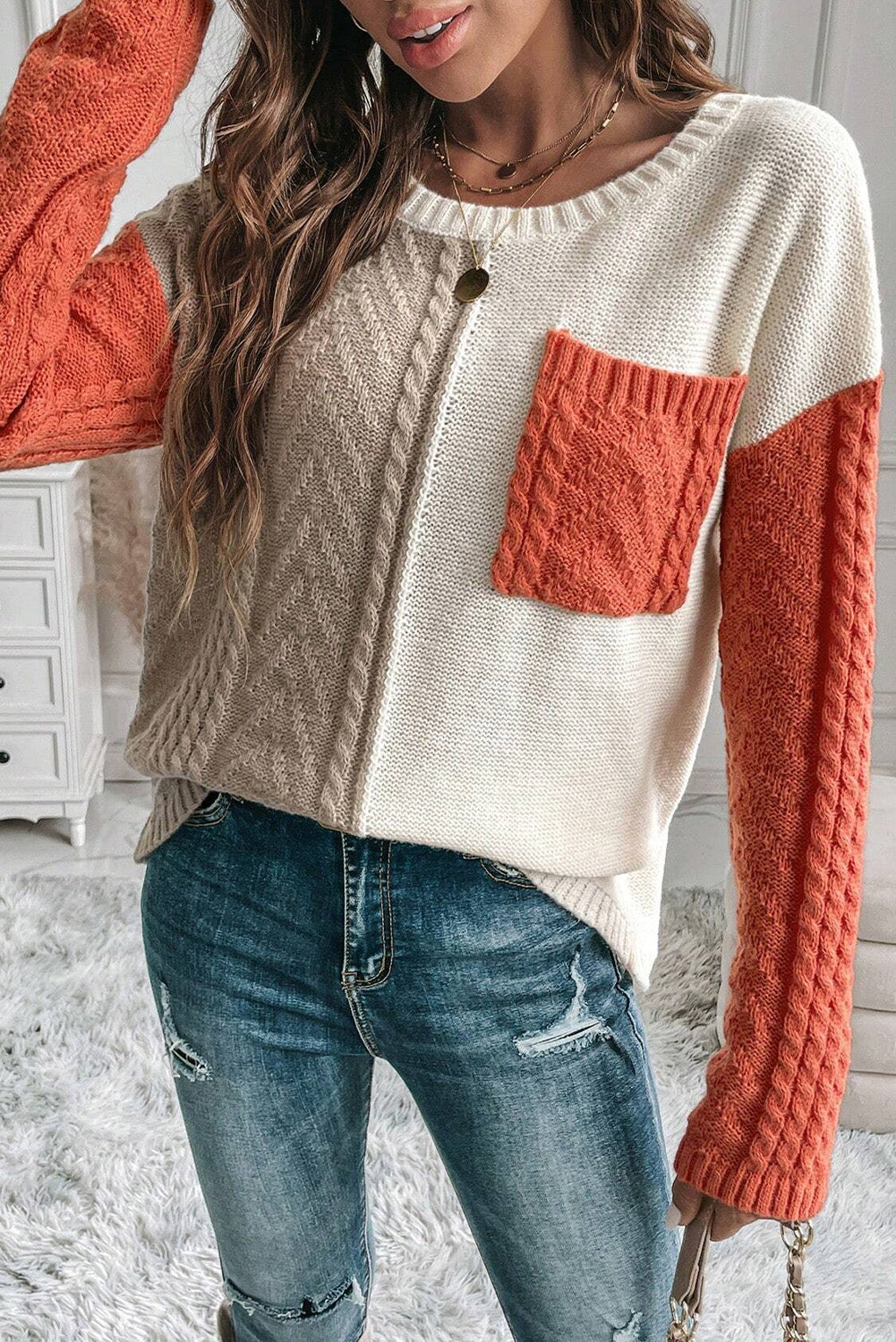 Gold Flame Colorblock Pocket Drop Shoulder Sweater