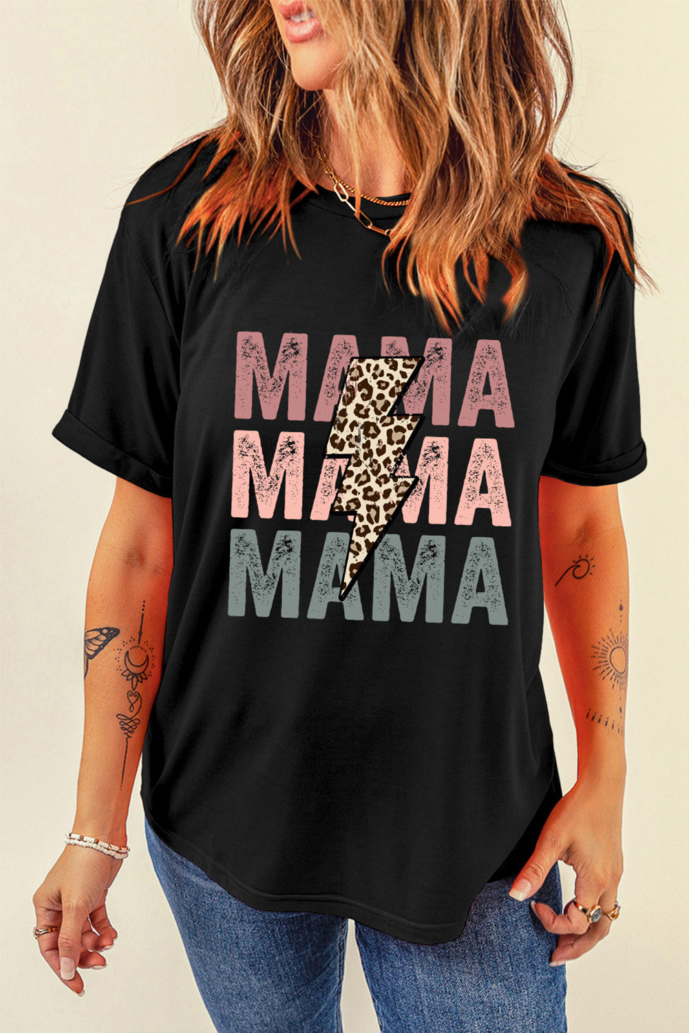 Black Leopard Lightning MAMA Letter Print Graphic Tee