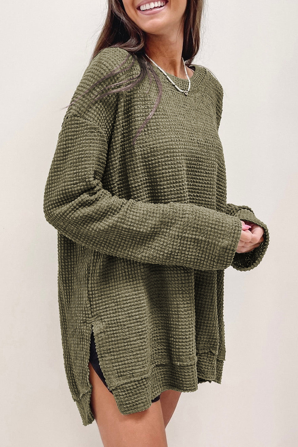 Green Waffle Knit Drop Sleeve High Slits Oversized Top