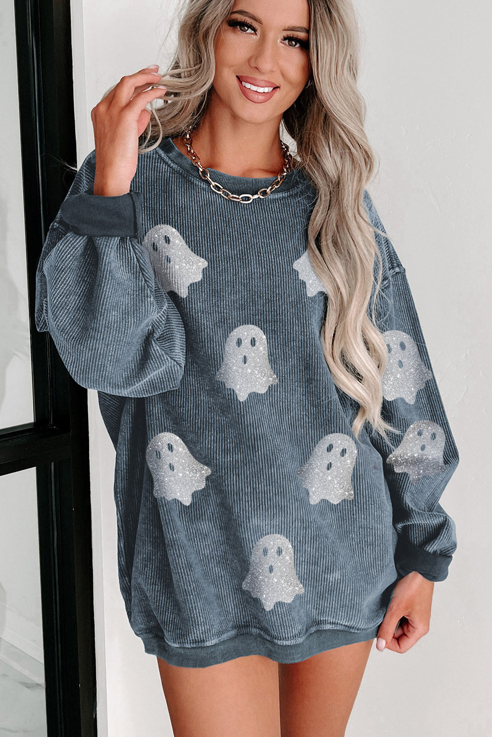 Black Halloween Ghost Corded Crew Neck Loose Sweatshirt