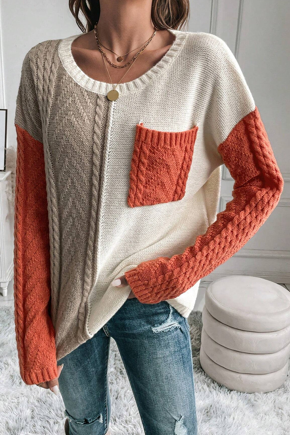 Gold Flame Colorblock Pocket Drop Shoulder Sweater