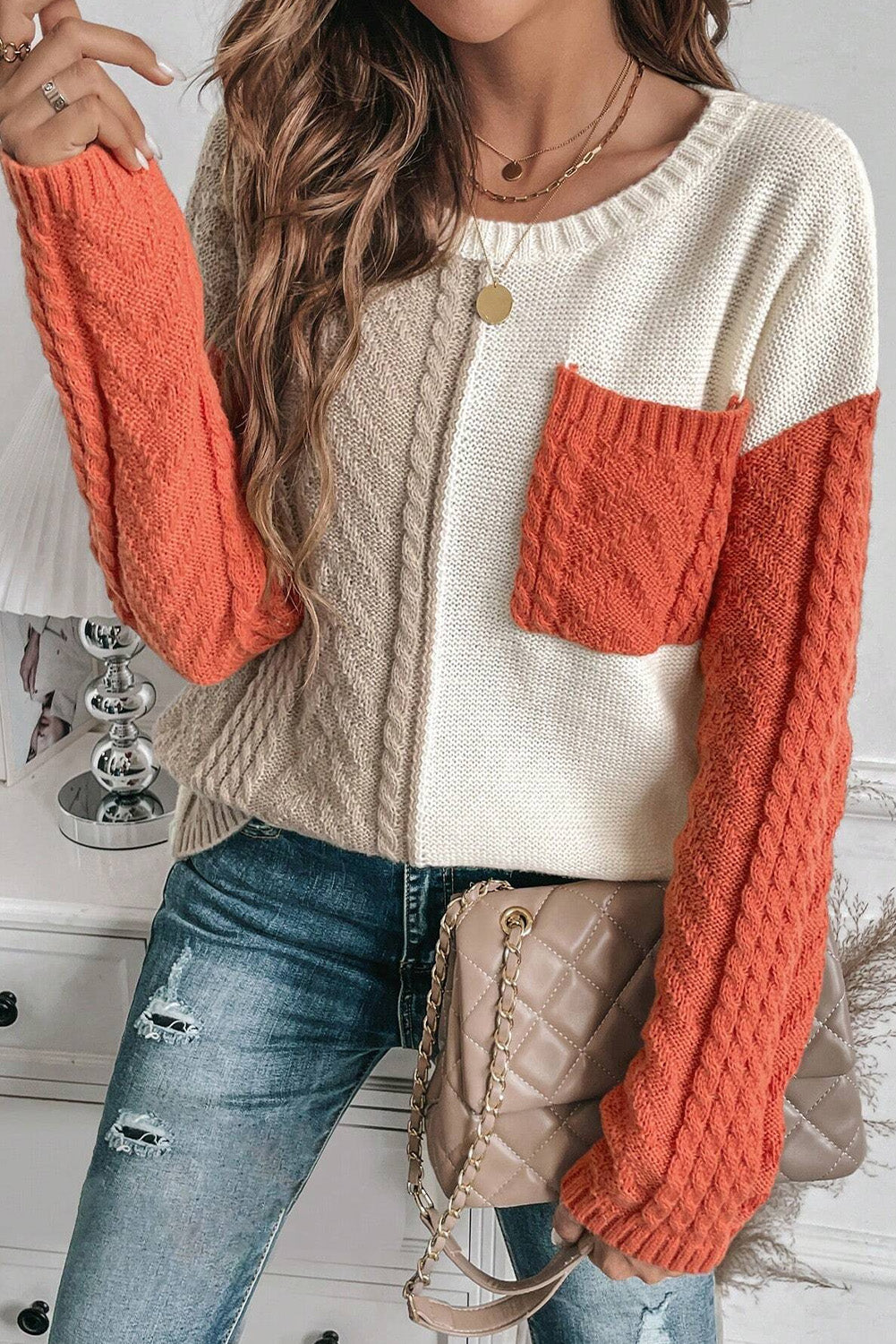 Gold Flame Colorblock Pocket Drop Shoulder Sweater