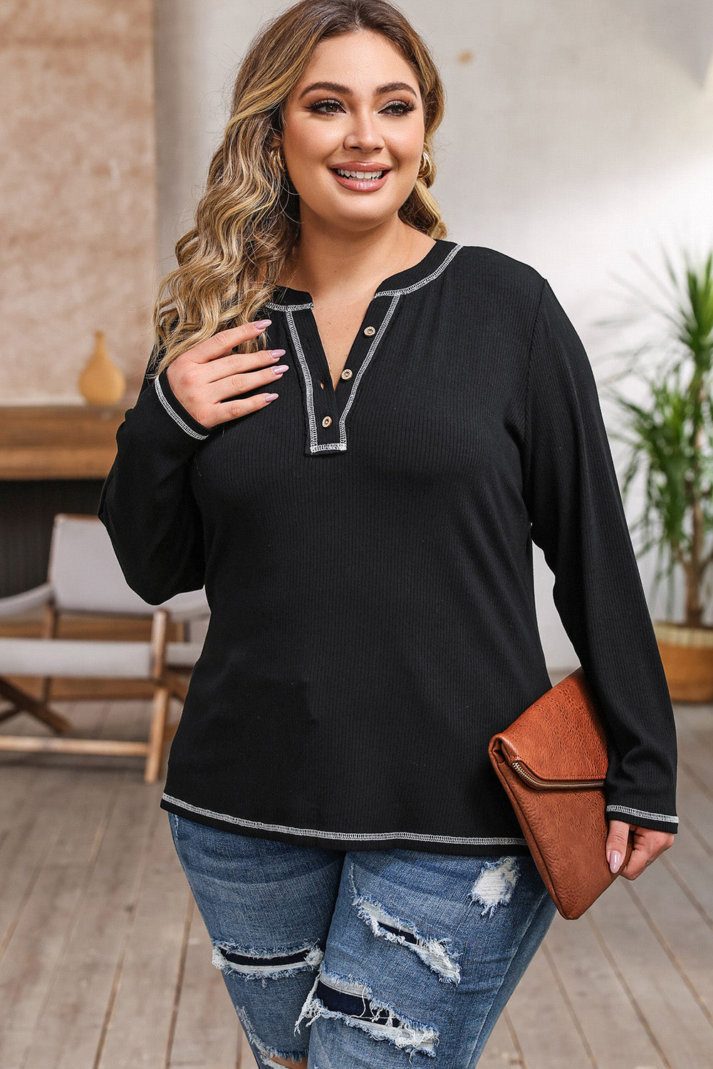 Plus Size Notched Neck Long Sleeve