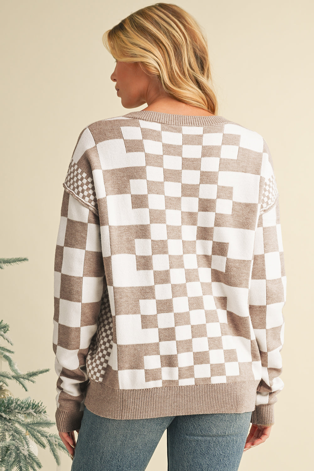 Black Checkered Drop Shoulder Round Neck Sweater